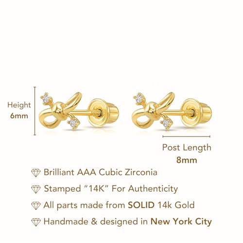 14k Solid Gold Ribbon Bow Cubic Zirconia Stud Earrings with Screw-backs3