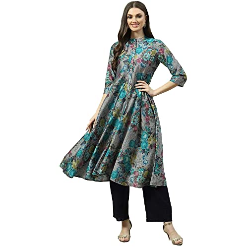 BIBA Women’s Black Rayon Flared Printed Dress