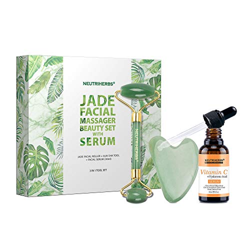 NEUTRIHERBS Natural Jade Roller for Face, Facial Roller & Gua Sha+ Vitamin C Serum?3 in 1 Kit ?Face Massager Tools Beauty Gift Set. (Green)