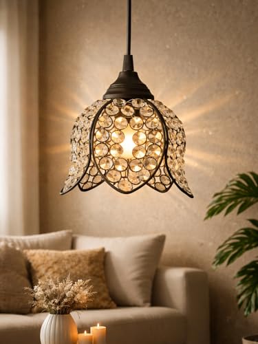 Image of Lotus Crystal Pendant Light Modern Ceiling Fixture, Stylish Home Decor, Warm White, Living Room, Bedroom, Contemporary Design, Decorative Crystal Chandelier (Black)