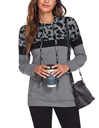 Bluetime Women Leopard Long Sleeve Sweatshirt Casual Color Block Hoodies Pullover Tops with Pocket (L, Leopard Grey)