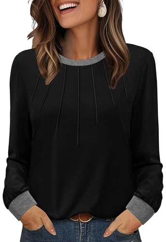 XIEERDUO Womens Long Sleeve Tops Color Block Casual Crewneck Tops Tshirt Basic Tee Fall Fashion Clothes Trendy Outfits