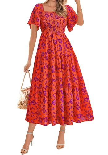 BTFBM Maxi Floral Dress for Women 2025 Summer Boho Short Sleeve Smocked Flowy Beach Vacation Fall Wedding Guest Dresses