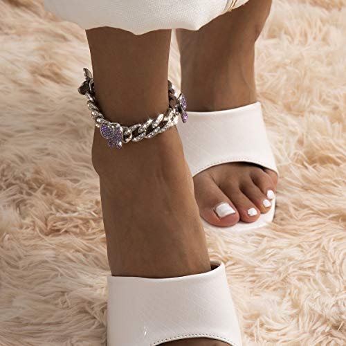 Ingemark Shiny Rhinestone Butterfly Anklet Hip Hop Cuban Link Ankle Chain Bracelet for Women Teen Girls Cute Fashion Music Party Rave Anklet Jewelry (#5 Silver+Purple) - Image 5