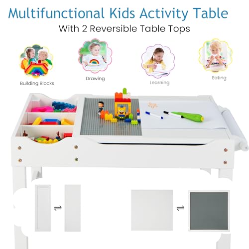 Miniatura 3 de Lifezeal 2 En 1 Mesa De Actividades Infantil, Mesa De Dibujo Y Bloques De Construcción Con Espacio De Almacenaje, Bandeja Reversible, Rodillo Para Papel, Escritorio De Madera Para Niños Blanco