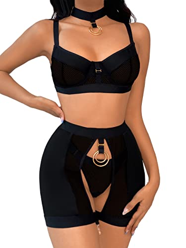Kaei&Shi Garter Lingerie For Women, Collar High Waisted Metal Circle Fishnet Deep V Sexy Lingerie, Strappy Underwire Thigh Band Thong Matching 4 Piece Lingerie Set Boudoir Petite Black Small