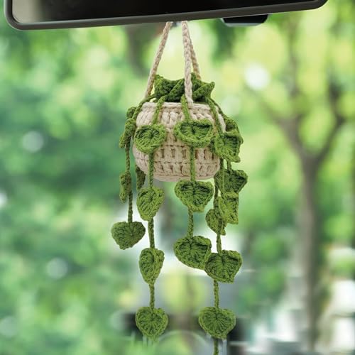 Mystoneer Cute Car Plant Accessories Cute Plant Crochet Car Mirror Suspension Accessories Orchid Potted Crochet Hand Woven Rearview Mirror Accessories Car Accessories Interior (A) SD334