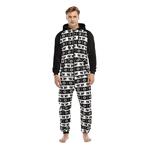 KAIXLIONLY Herrpyjamas i ett stycke nattkläder herr morgonrock flanell jul älg tryck jumpsuit dragkedja pyjamas fritidskläder sportkläder luvor