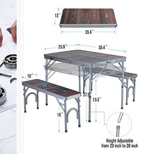 Let's Camp 3Pcs Folding Camping Picnic Table With Bench Set, Lightweight & Heavy Duty Adjustable Heights Camping Table For Indoor Outdoor Patio Backyard Party #TOP1
