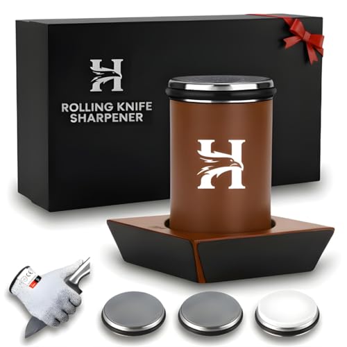 4 Angles High Carbon Stainless Steel Rolling Knife Sharpener with 400, 1000 & 3000 Replacement Discs - Blunt Knife Sharpening Kit with 15°, 18°, 20°, and 22° Sharpening for Kitchen & Chef's Knives
