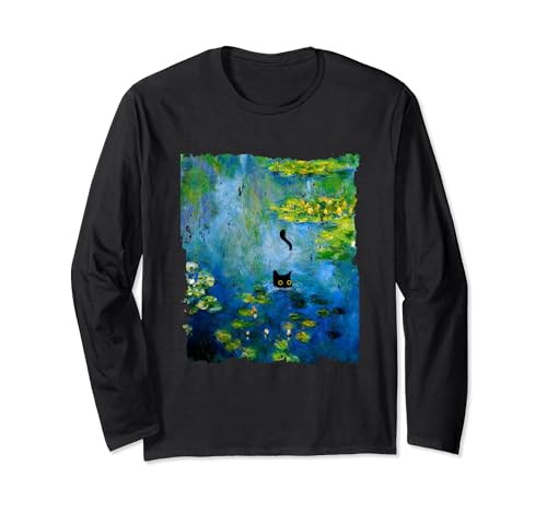 Black Cat Monets Waterlily pittura arte amante dei gatti Maglia a Manica