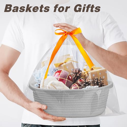 Image of Pro Goleem Small Woven Basket with Gift Bags and Ribbons Durable Baskets for Gifts Empty Small Rope Basket for Storage 12 inchX 8 inch X 5 inch Baby Toy Basket with Handles, Gray
