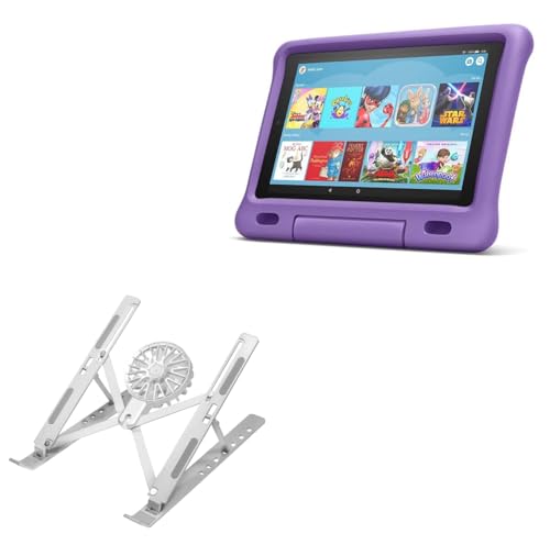 BoxWave Stand and Mount Compatible with Amazon Fire 10 Kids Edition (9th Gen 2019) - QuickSwitch Stand with Cooling Fan, Portable, Multi Angle Viewing Ventilator - Metallic Silver