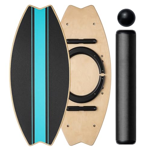 Balance Board aus Holz mit 7 Trainingsmodi, Indoor Wackelbrett & Trickboard mit Rolle, Balance Ball, Matte und Halter – rutschfest mit seitlichen Anti-Rutsch-Pads, für Kinder & Erwachsene