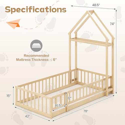 IFANNY Twin Floor Bed Frame, Wooden Montessori Bed with Fence, House-Shape Headboard and Detachable Clothes Rack, Low Twin Size House Bed for Kids, Boys, Girls (Natural)
