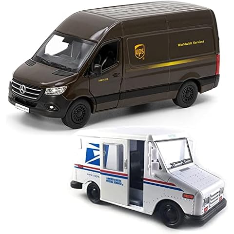UPS Mercedes-Benz Sprinter + United States Postal Mail Truck Grumman LLV 5 Inch Die Cast Metal Model Toys SetOf2 Cover