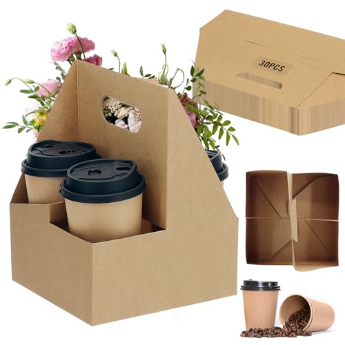 Zatozkar 4 Cup Drink Coffee Carrier Handle, 30Pcs Paper Cup