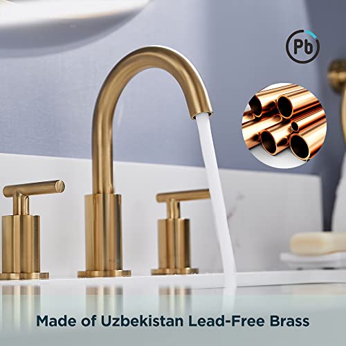 FORIOUS 2 Handle Gold Bathroom Faucet 8 inch Bathroom Sink Faucet with Pop Up Drain, 3 Hole Widespread Brushed Brass Bathroom faucets, Brushed Gold