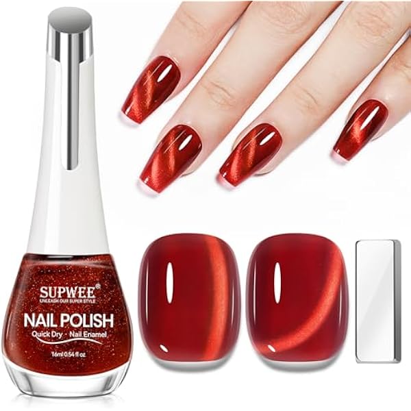 SUPWEE Czerwony magnetyczny lakier do paznokci, 16 ml, szybkoschnący, błyszczący lakier do paznokci z magnesem, holograficzny błyszczący lakier do paznokci, bez lampy UV, \