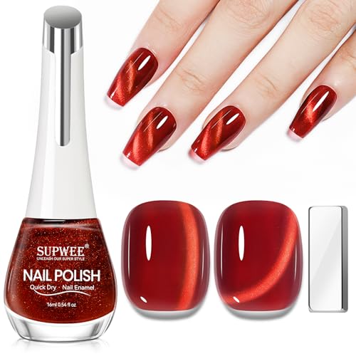 SUPWEE Czerwony magnetyczny lakier do paznokci, 16 ml, szybkoschnący, błyszczący lakier do paznokci z magnesem, holograficzny błyszczący lakier do paznokci, bez lampy UV, "zrób to sam", dla kobiet i