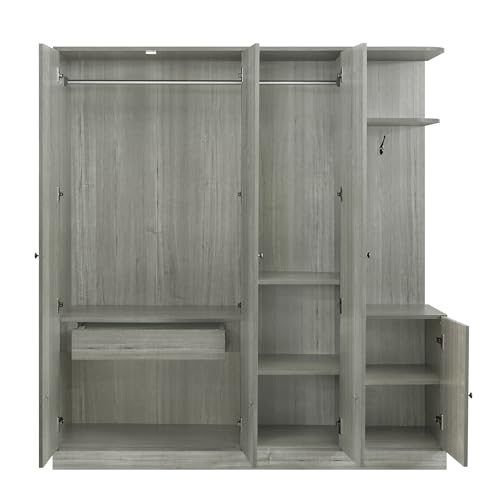 Quarte 4-Door Wardrobe with Full-Length Mirror, Shoe Storage & Anti-Tip Design, Modern Closet Organizer in White/Gray/Natural Wood (Gray/nn)