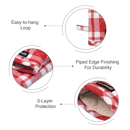 Image of Encasa XO Oven Gloves for Microwave (2 pc Set) - Heat Proof, Thick & Safe | Longer 18x30 cm Mittens for Protection in Kitchen Cooking & Baking - Franca Red Checks