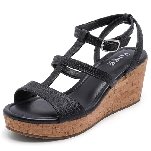 Wide Width Wedge Sandals for Women, Comfortable Ankle Strap Open Toe Summer Shoes Platform Wedge Dressy Women Sandals. 12 X-Wide Black 8001