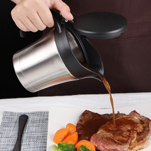 Foto von Thermo Sauciere, 750ml 304 Edelstahl Thermo Sauciere, Soßenkanne Mit Schwarzer Deckel, Doppelt Isoliert Thermo-Saucentopf, Eleganter Silberner Soßenschüssel Für Vanillesoße Soße Sahne Mayonnaise Milch