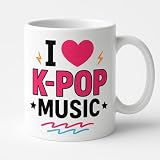 Kpop Taza con texto ' I Love K-Pop Music ', Cerámica asa Blanca, Decoración Musical con Corazón coreano, Regalo para Amantes de K-Pop music Taza de merchandising Kpop ideal para regalo