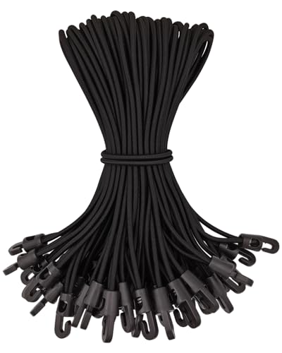 Bungee Cords with Hooks 50 Pcs - 10 Inch Elastic Bungee Ropes with Hooks - Short Tarpaulin Hooks - Small Bungee Rope (Black)