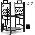 INNO STAGE Firewood Rack Fireplce Firepit Tools Set Double Layer Iron Wood Log Holder for Fire Place Outdoor Indoor Accessories-Brush, Shovel, Tong, Hook