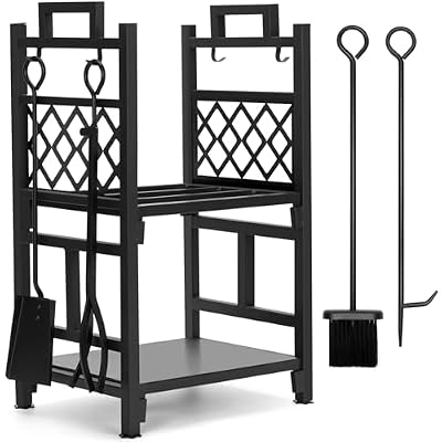 INNO STAGE Firewood Rack Fireplce Firepit Tools Set Double Layer Iron Wood Log Holder for Fire Place Outdoor Indoor Accessories-Brush, Shovel, Tong, Hook