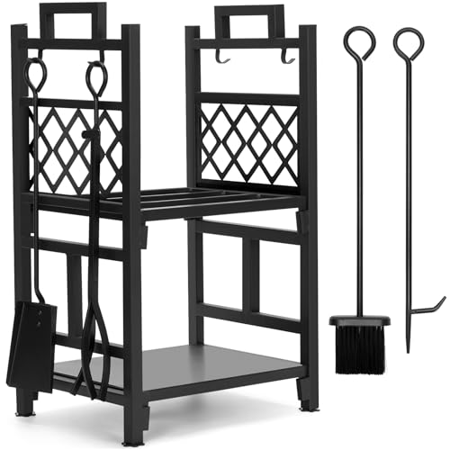 Firewood rack for fireplace with tools set