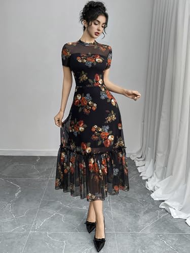 Image of GothDark Women's Summer Floral Mesh Ruffle Dress Short Sleeve Round Neck Waist Cinched Casual Maxi Wedding Guest Dresses