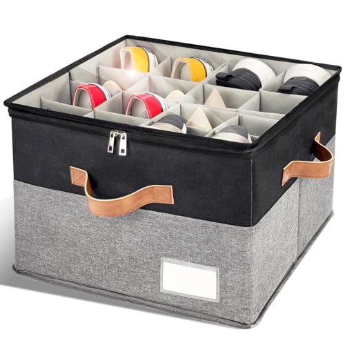 Image of 1 Pack Shoe Organizer for Closet Foldable Storage Box with Clear Cover | Fits 8-16 Pairs Boots and Heels Sneaker Sandals Stackable with Adjustable Divider Space Saving Dorm Black and Grey