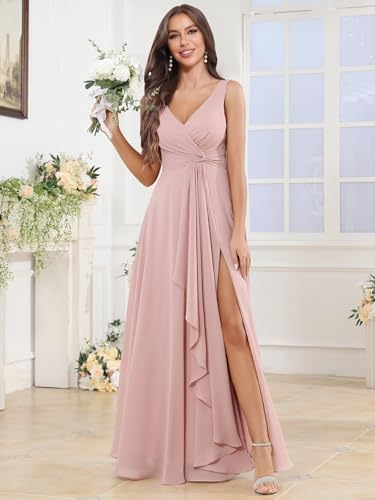 Image of BOLENSYE Floral Blush Sleeveless Bridesmaid Dresses Long Ruched Chiffon Evening Party Gown with Pockets Size8
