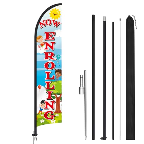 CroBlissful 1 Pack Now Enrolling Daycare Feather Flag Swooper Flag Weatherproof Polyester Preschool Banner 12ft x 2.5ft for Outside Business Advertising(Now Enrolling)