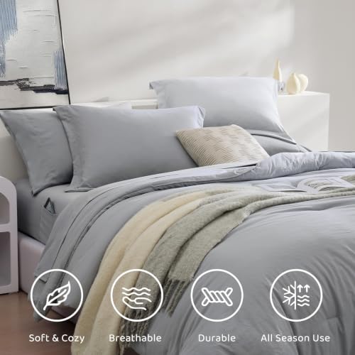 Image of King Size Comforter Set- 7 Pieces Prewashed Bed in a Bag King Bedding Sets | Soft All Season Comforter with Sheets, Pillow Shams & Pillowcases, Light Grey