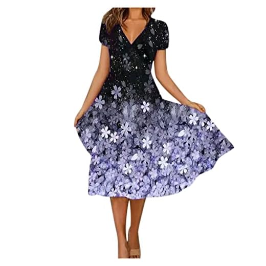 Summer Outfits for Women 2022, Women's Boho Dresses Dressed Wedding Ribbed Dress Women's Casual Fashion Floral Print Short Sleeve V-Neck Swing Dress Party Dresses 2022 Neutral (4XL, Purple)
