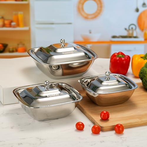 Image of Sumeet Stainless Steel Square Serving Bowl /Curry Bowl /Gravy Pot with lid, 600ml, 900ml & 1250ml capacity, 14.5cm, 17cm & 18.8cm Dia, Set of 3 Pcs, Silver