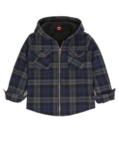 ZENTHACE Sherpa Lined Boys Flannel Shirt Jacket Kids Zip Up Plaid Shacket Hoodie Cozy Winter Playwear with Pockets Blue Grey XL