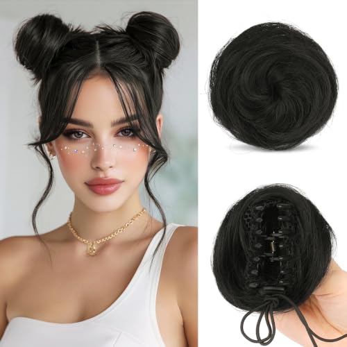 SOFEIYAN 2PCS Mini Claw Clip in Hair Bun Messy Cat Ears Hair Bun Extension Synthetic Donut Wig Accessory Updo Space Bun Hair Pieces for Women Girls, Natural Black