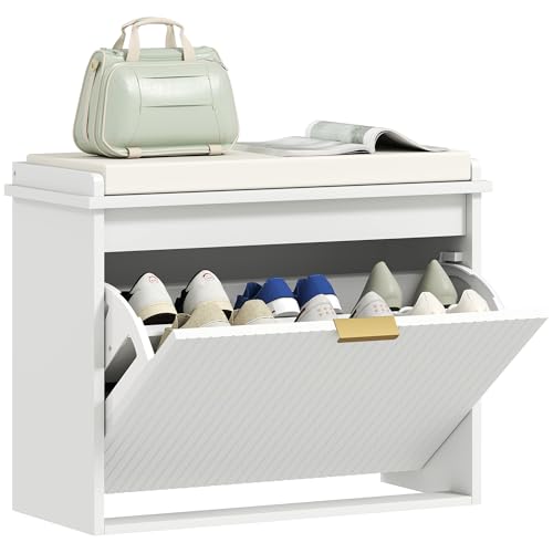 HOMCOM Banc à Chaussures Meuble à Chaussures avec Coussin d'assise rembourré et tiroir Rabattable, Banc d'entrée pour Couloir, Chambre, 62 x 26 x 47,5 cm,...