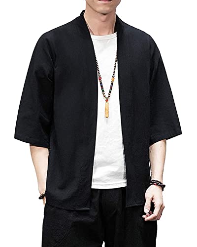 Men's Japanese Kimono Cardigan Loose Cotton Linen 3/4 Sleeve Open