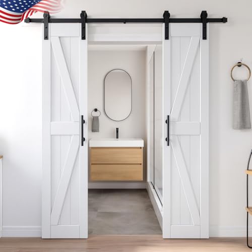 Image of S&Z TOPHAND 18in x 84in MDF Double Barn Door with 6FT Sliding Door Hardware Kit, Solid Barn Door Slab Covered with Water-Proof PVC Surface