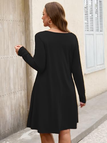 Image of AusLook Women's Plus Midi Dress Long Sleeve Crew Neck A-Line Swing Flowy Vacation Fall Wedding Guest Dresses with Pocket 1-5X