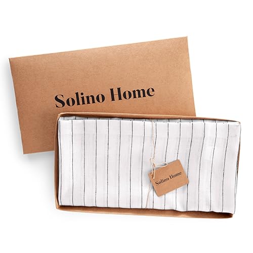 Solino Home Linen Tablecloth 60 x 90 Inch - 100% Pure Linen White and Black Table Cloth for Rectangle Tables - Pinstripe, Machine Washable Tablecloth for Spring by Solino Home - Image 6