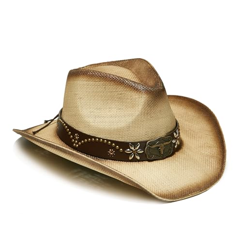 Image of YOUBADU Western Straw Cowboy and Cowgirl Hats with Decorative Bands - Unisex Wide Brim Raffia Style Sun Hat