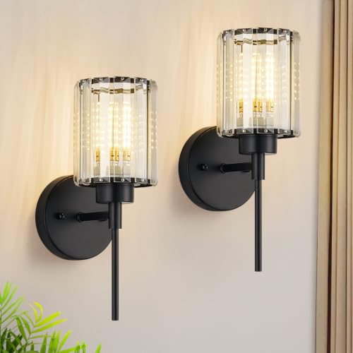 Image of Modern Wall Sconces Set of 2, Matte Black Wall Lights with Clear K9 Crystal Shades, Bathroom Vanity Lights for Bedroom, Living Room, Hallway