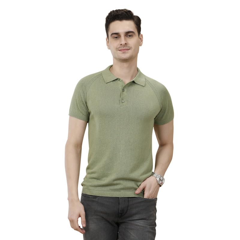 Image of Cavallo by Linen Club Men's Blended Linen Green Solid Contemporary Fit Half Sleeve Polo Neck T-Shirt
